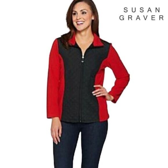 Susan Graver Weekend‎ Red Polar Fleece Quilted Nylon Zip-Front Collared Jacket - Picture 2 of 6